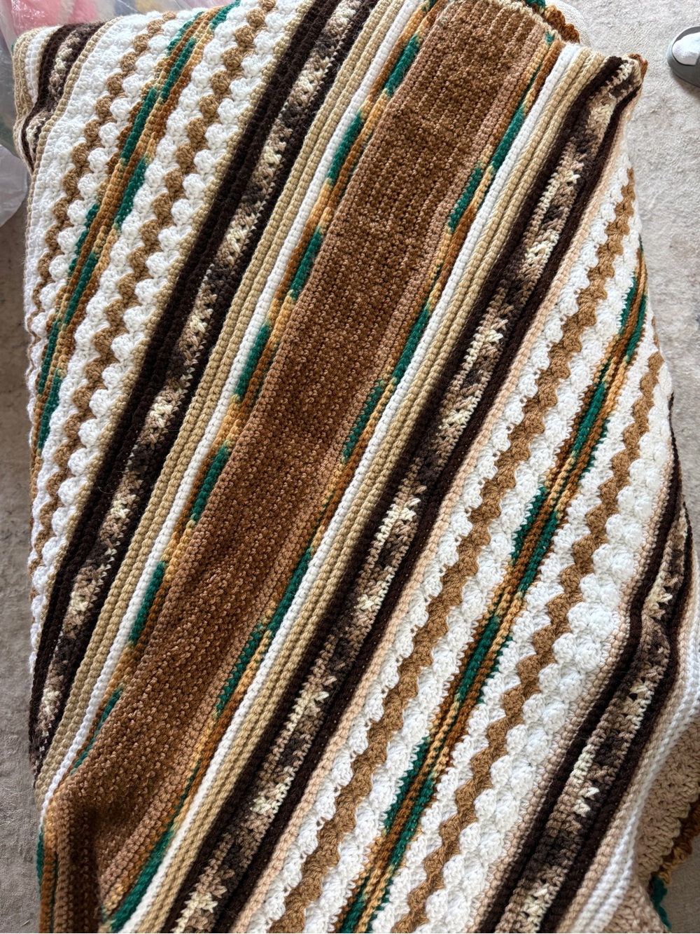 Brown Green White Afghan with hearts